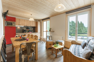 Overview of kitchen, dining area and living room