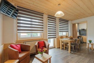 Overview of living room, dining area and kitchen