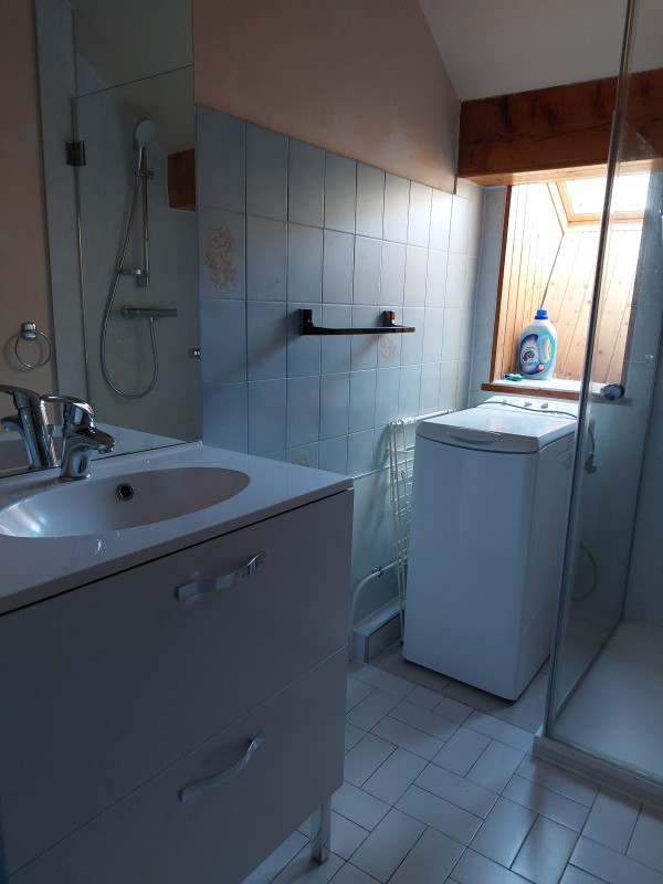 salle de bain avec douche, lave-linge et lavabo